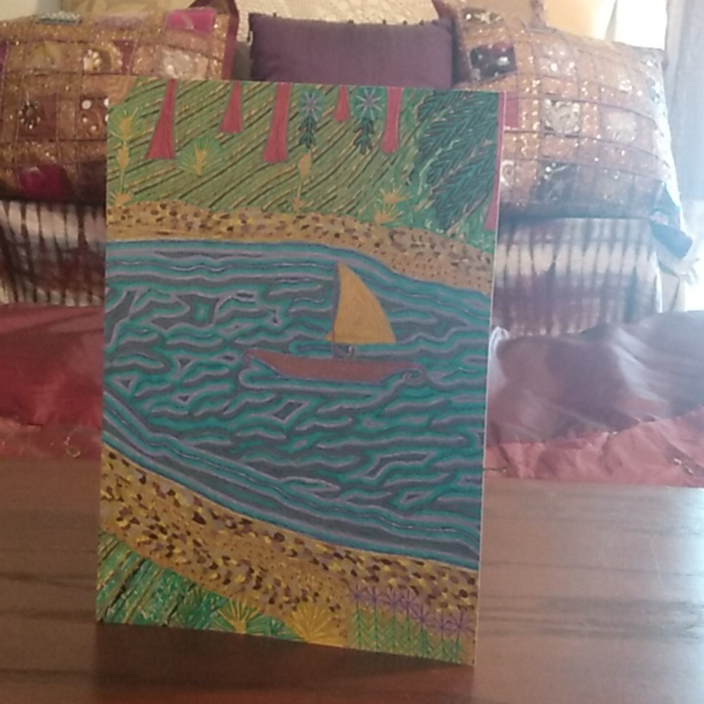 Handmade New One of a Kind Gell Pen Scenic Sailboat Nature Art Card 10x7 Inches - Picture 14 of 16
